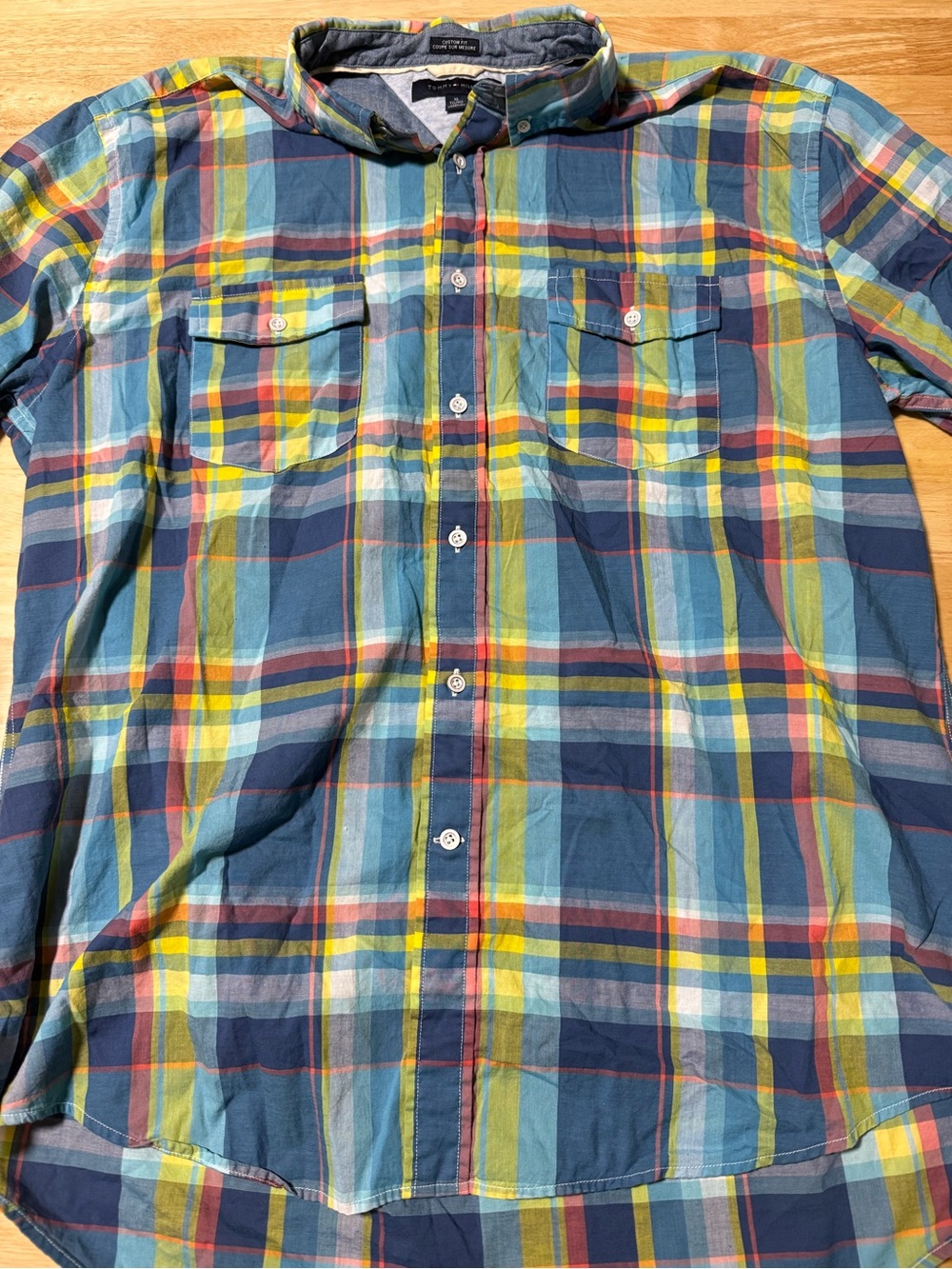 Tommy Hilfiger Men’s XL Plaid Button Down Shirt Custom Fit Blue Yellow